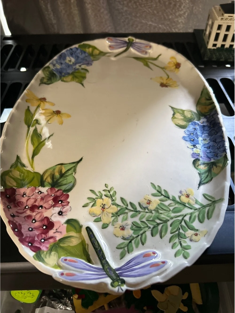Handpainted Ceramic Serving Platter with Floral and Dragonfly Design